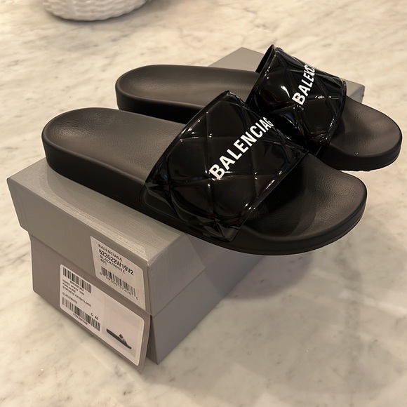 🔥 BALENCIAGA pool slides sandals quilted black logo FR40 US 9/9.5 - Picture 2 of 10
